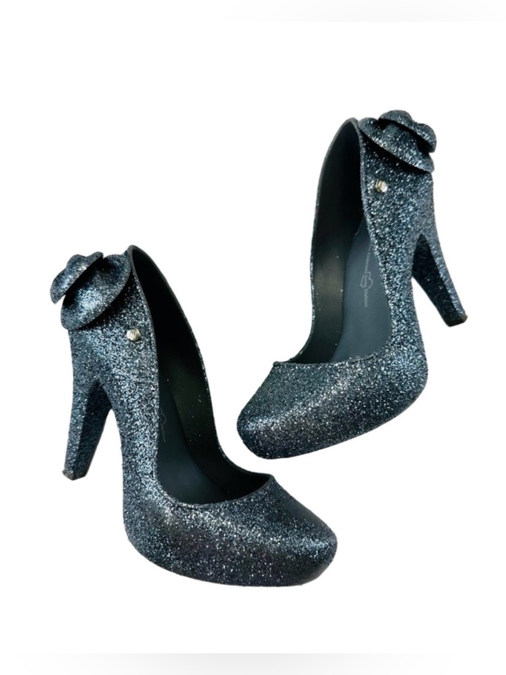Melissa Blue Glitter Heels Size 7 Round Toe Rosette Heel Retro Party Glam